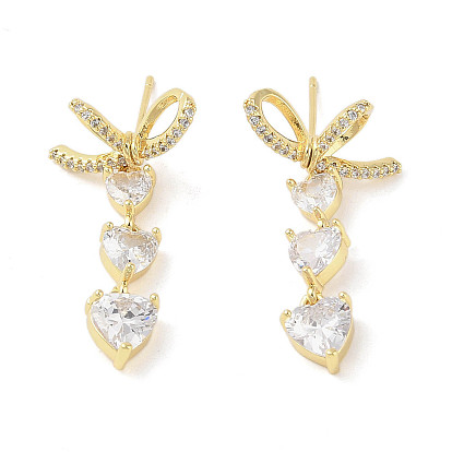 Triple Heart Brass Micro Pave Clear Cubic Zirconia Dangle Earrings with Glass for Women