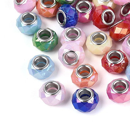 Непрозрачный акрил европейского бисера, бусины с большим отверстием, с медными сердечниками, рондель, с покрытием AB цвета, граненые, платина