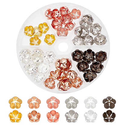 90pcs 6 couleurs capuchons de perles en laiton, 5 pétales, fleur