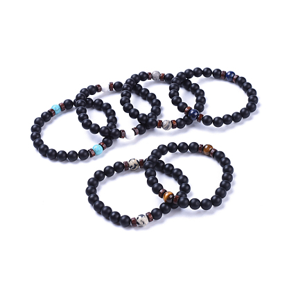 Bracelets extensibles en perles d'agate noire naturelle (teintes et chauffées), avec des perles de pierres précieuses et des perles de bois, givré