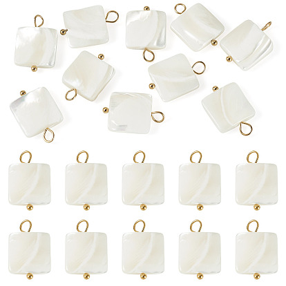 10 pièces pendentifs carrés en coquillage naturel, avec 304 boucles en acier inoxydable, couleur de coquillage, placage ionique (ip)