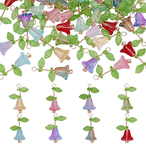 50 шт. Стеклянные подвески, тюльпан, с акриловыми бусинами и светло-золотистой медной проволокой