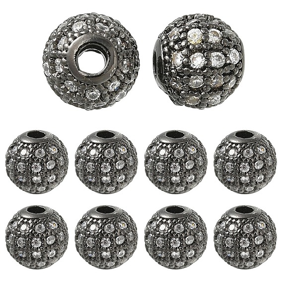 10 шт. круглых латунных бусин с микропаве из кубического циркония, прозрачные