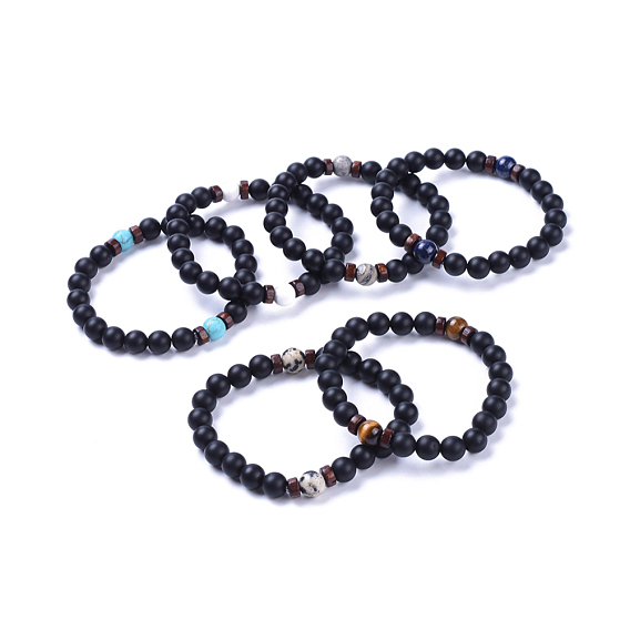 Stretch-Armbänder aus natürlichen schwarzen Achatperlen (gefärbt und erhitzt), mit Edelsteinperlen und Holzperlen, matt