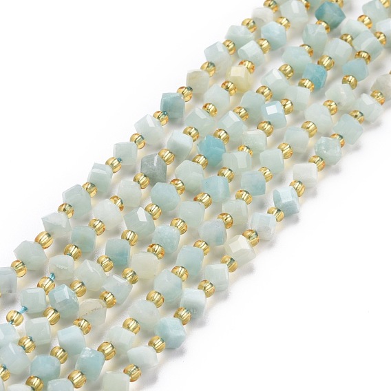 Natural Amazonite Beads Strands, with Seed Beads, Faceted, Diagonal Cube Beads
