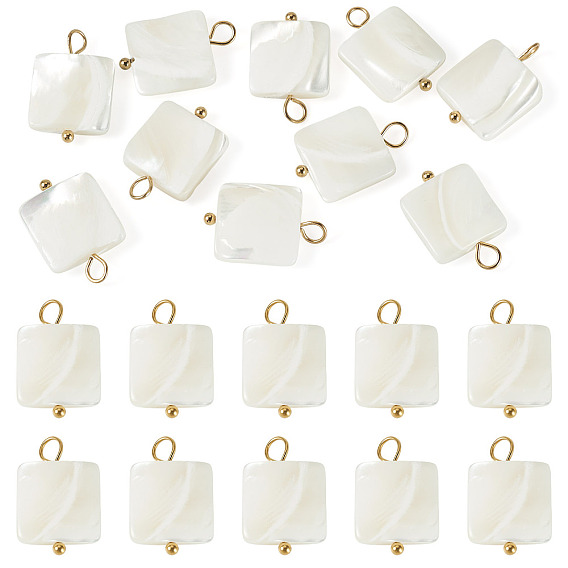 10 pièces pendentifs carrés en coquillage naturel, avec 304 boucles en acier inoxydable, couleur de coquillage, placage ionique (ip)