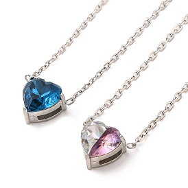 304 Stainless Steel Pave Cubic Zirconia Heart Pendant Cable Chain Necklaces for Women