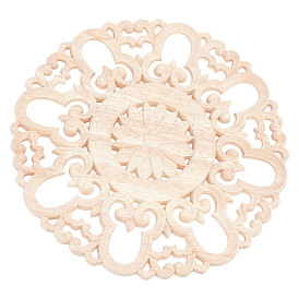Natural Solid Wood Carved Onlay Applique Craft, Unpainted Onlay Furniture Home Decoration, Flat Round with Flower