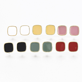 Alloy Enamel Stud Earring Findings, with Loop and Cupronickel Pin, Square, Golden