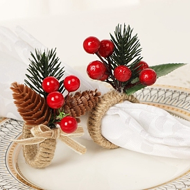 Christmas Plastic Napkin Rings, Wrapped with Jute Twines, with Artificial Leaf & Flower