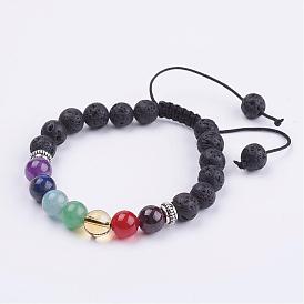 Natural Gemstone Braided Bracelets, with Nylon Thread and Tibetan Style Alloy Spacer Beads