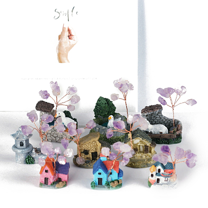 Décorations d'arbre en copeaux d'améthyste naturelle, Base en résine, fil de cuivre, pierre énergétique feng shui, cadeau pour la décoration de la maison et du bureau