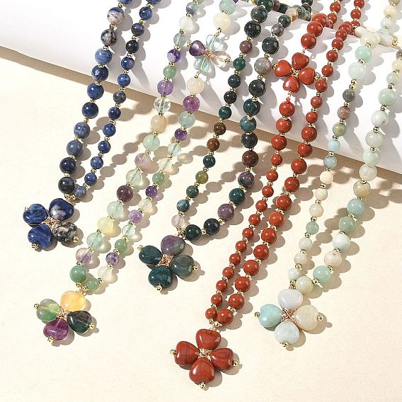 Collares redondos con colgante de trébol de piedra preciosa natural para el Día de San Patricio, con cuentas y cierres de corazón., dorado