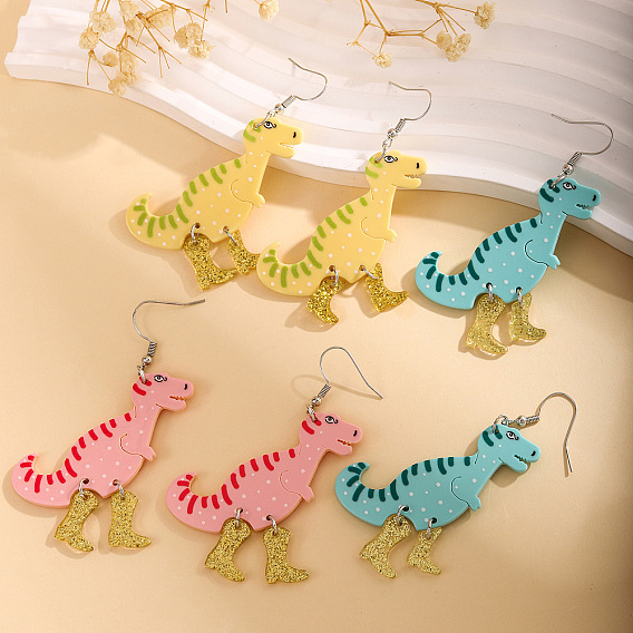 Милые серьги-подвески в виде динозавров с блестящими сапожками, акриловые серьги с мультяшными животными, модные украшения для женщин и подростков.