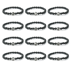 12Pcs 12 Style Twelve Constellations 304 Stainless Steel & Natural Lava Rock Beaded Stretch Bracelets Set