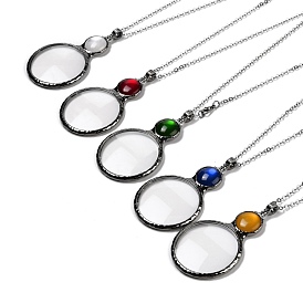 Flat Round Glass Magnifying Pendant Necklace for Women, Gunmetal
