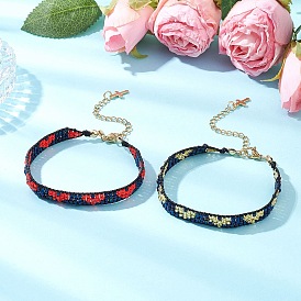 2Pcs Handmade Glass Seed Beaded Bracelets for Women, Heart, with Real 18K Gold Plated 304 Stainless Steel Tiny Cross Charms