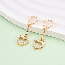 Brass Micro Pave Cubic Zirconia Leverback Earrings, Long-Lasting Plated, Heart, Golden