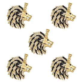5Pcs Brass Micro Pave Clear Cubic Zirconia Pendants, with Black Enamel, Nickel Free, Wolf