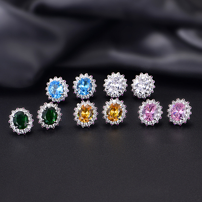 Ohrstecker aus Messing mit Mikropavé-Kubikzirkonia für Damen, ellipsenförmige, Platin Farbe
