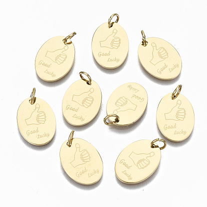 304 Stainless Steel Pendants, with Jump Rings, Oval with Word good lucky