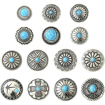 28 шт. 14 стили плоские круглые заклепки из сплава с винтовой заклепкой, с пластиковой имитацией бирюзы, для одежды сумка обувь кожаная поделка, античное серебро
