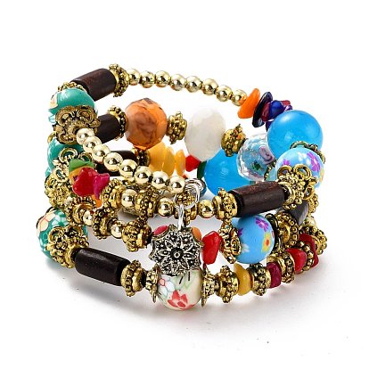 Boho Multi-strand Irregular Synthetic Turquoise Beads Wrap Bracelet, Flower Charm Bracelet, Wood & Round Flower Beads Bracelet, Ethnic Jewelry for Women, Antique Golden