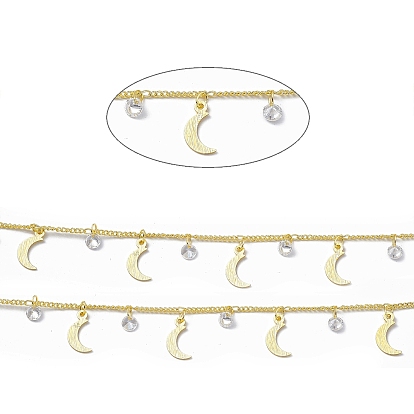 Handmade Brass Curb Chains, with Moon & Clear Cubic Zirconia Charms, Soldered, with Spool