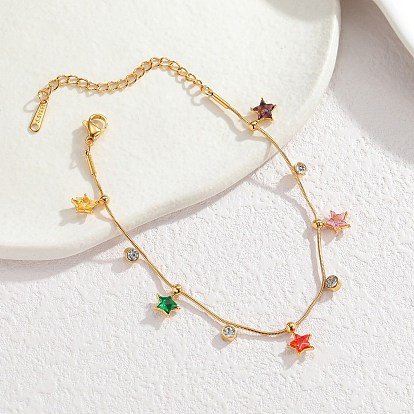 304 Браслеты из нержавеющей стали с подвесками из кубического циркония для женщин, звезда и плоский круглый, золотые