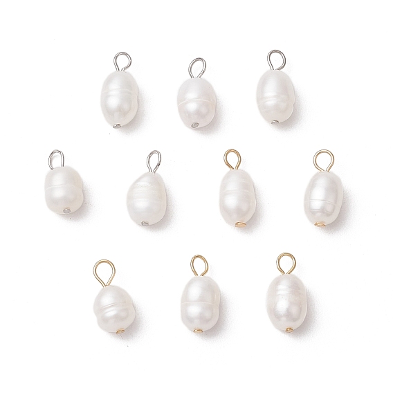 10Pcs 2 Colors Natural Cultured Freshwater Pearl Rice Charms, with 304 Stainless Steel Loops, Floral White