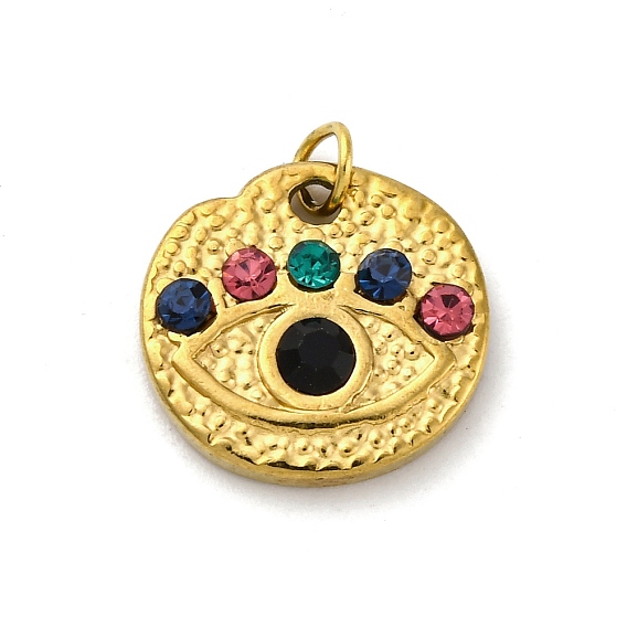 304 подвески из нержавеющей стали с разноцветными стразами, с целью перехода в кольце, плоский круглый с шармом в виде глаз, ионное покрытие (ip)