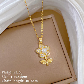 Цветок 304 ожерелья с подвесками из нержавеющей стали с микропаве из прозрачных кубических цирконий и пластиковым жемчугом, белые