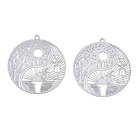 201 Stainless Steel Filigree Pendants, Etched Metal Embellishments, Flat Round with Landscape Pattern