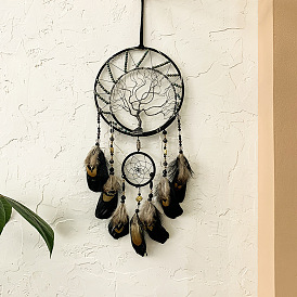 Woven Net/Web with Feather Pendant Decoration, with Iron Ring and Tassels, Flat Round with Tree of Life
