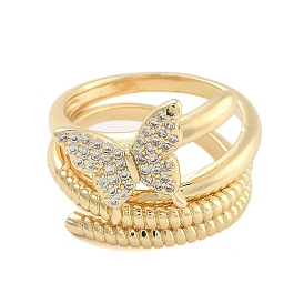 Brass Micro Pave Cubic Zirconia Butterfly Open Cuff Rings Set for Women
