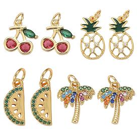 8Pcs 4 Style Golden Plated Fruit Theme Brass Micro Pave Cubic Zirconia Charms, with Jump Rings, Cherry & Pineapple & Watermelon & Coconut Tree Shape