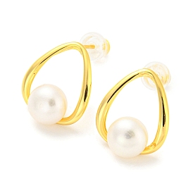 Brass Teardrop Stud Earrings with Natural Pearl Beaded, with 925 Sterling Silver Pins