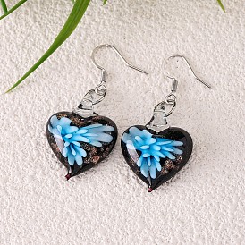 Lampwork main dangle boucles d'oreilles, cœur, boucles d'oreilles pendantes en alliage pour femmes, platine