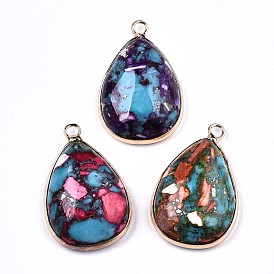 Teardrop Assembled Synthetic Turquoise and Natural Regalite/Imperial Jasper Pendants, with Iron Loop and Brass Edge, Light Gold, Dyed