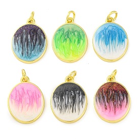 Brass Enamel Pendants, with Glitter and Jump Ring, Long-Lasting Plated, Real 18K Gold Plated, Oval Charm