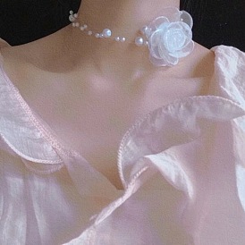 Vintage French Style Sheer Mesh Flower Layered Pearl Lock Choker - Girl's Unique Neck Chain.