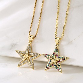 Подвеска в виде морской звезды из латуни с микропаве из кубического циркония, цепочка из нержавеющей стали., золотые