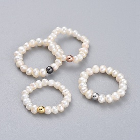 Natural Cultured Freshwater Pearl Finger Rings, with Brass Round Beads and Elastic Crystal Thread
