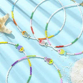 Glass & Brass Beaded Necklaces, with 304 Stainless Steel Chain Extenders, Fish, Golden