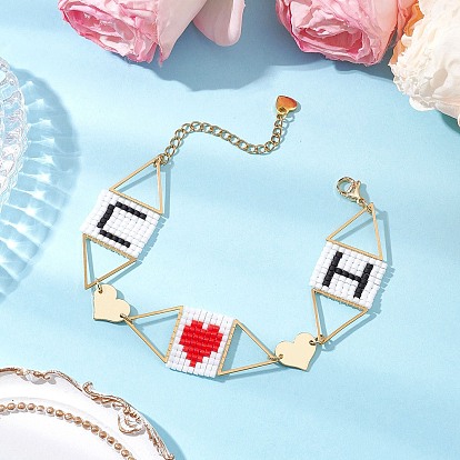 День Святого Валентина 304 браслеты из нержавеющей стали, с прямоугольными цилиндрическими бусинами и гальваническими стеклянными бусинами, сердце