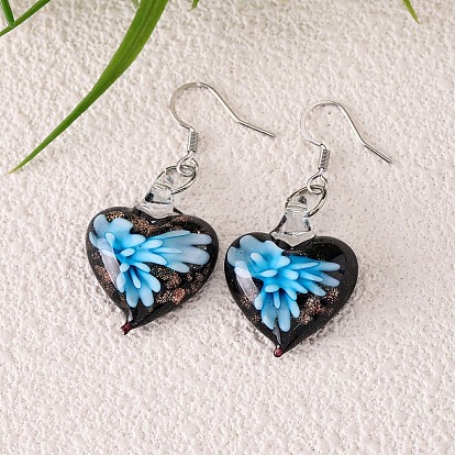 Lampwork main dangle boucles d'oreilles, cœur, boucles d'oreilles pendantes en alliage pour femmes, platine