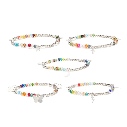 Glass & Brass Beaded Stretch Bracelet with Charms for Women