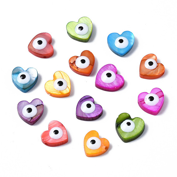 Natural Freshwater Shell Beads, with Enamel, Dyed, Heart with Evil Eye