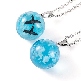 Resin Pendant Necklaces, Iron Cable Chains, Round with Sky and Bird