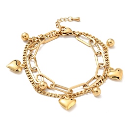 Heart and Round Ball Charm Multi-strand Bracelet, PVD Vacuum Plating 304 Stainless Steel Double Layered Chains Bracelet for Women